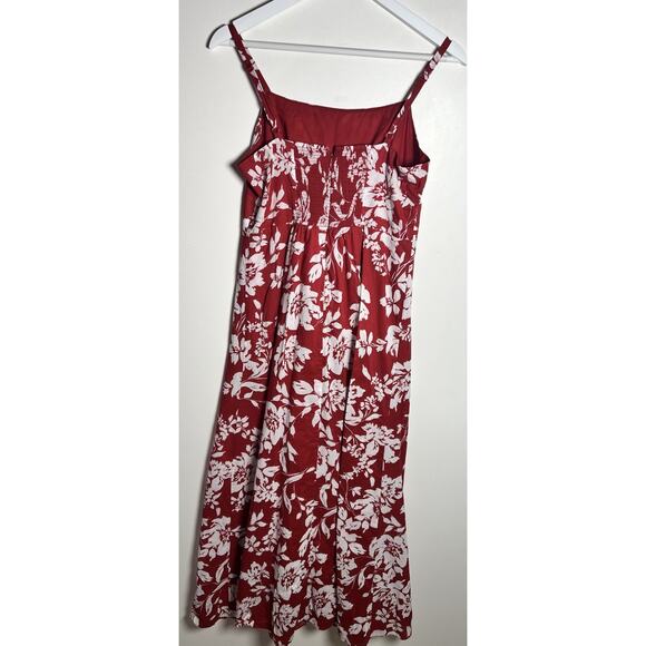 MADEWELL Womens 6 Red Floral Adjustable Straps Square Neck Smock Back MIDI Dress - Picture 6 of 11